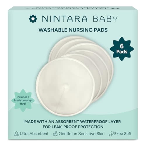 Nintara Baby Reusable Nursing Pads – Soft & Absorbent Breast Pads, Bamboo Viscose Blend, Contoured Fit, Leak-Resistant, Pack of 6 with Laundry Bag