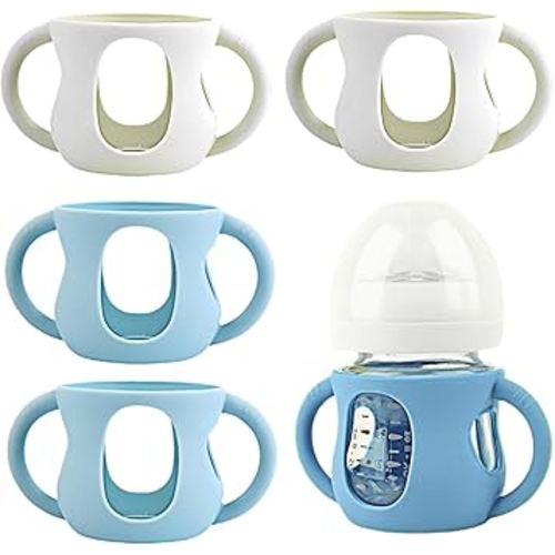 4 Pack Silicone Sleeves for Avent Natural Glass Baby Bottles, Silicone and Easy-Grip Handles for Drop Protection, Compatible with Philips Avent 4/8 OZ Glass Bottle (2 White+2 Blue, 4 OZ)