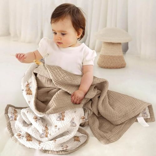 lulumoon Muslin Baby Blanket for Unisex: Cotton Baby Blanket with Bunny - Soft Breathable for Newborn Stroller & Daycare 47"x47" (Brown Bunny)