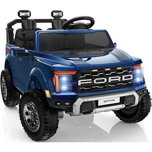 First Ride On Licensed Ford F-150 Raptor 2 Seater Ride on Car for Kids, 24 Volt Ride on Toys for Boys w/Remote Control, Kids Electric Car w/LED Lights, Bluetooth, Truck Bed Storage, Soft Start (Blue)