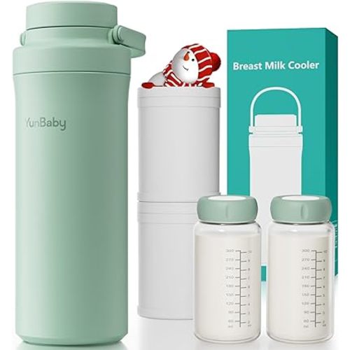 22oz Portable Breast Milk Cooler, Game-changer with 360° Total Cooling Gel Ice Pack for 30 Hours, Baby Travel Breastfeeding Essential Chiller with 2pcs Bottles for Breastmilk Storage(Green)