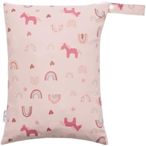 Wet Dry Bag Waterproof Wet Bags Baby Diaper Bag with Handle Reusable with Two Zippered Pockets Travel Beach Pool Daycare Baby Diapers Bag for Swimsuits or Wet Clothes, DJ Pink