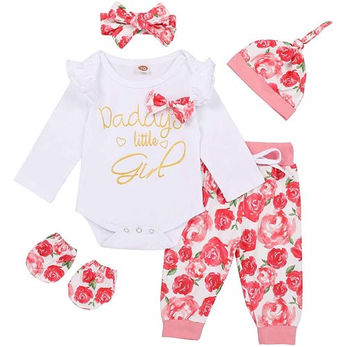 Newborn Baby Girl Outfits Daddy's Little Girl Letter Print Romper+Floral Pants+Hat+Headband+Gloves 5PCS Clothes Set