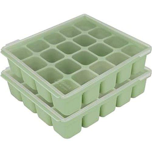 Baby Food Storage Silicone Cubes with Clip-On Lid Freezer Tray Baby Food Soups Purees Ice Safe Design Made in Korea (20cubes 0.8oz, Celadon Green Set of 2)