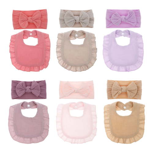 6 Piece Baby Girl Cotton Absorbent Bib Set, Ruffled Lace with 6 Bow Hairband