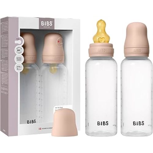 BIBS Baby Bottles 2-Pack, 9.1 Oz, Round Latex Nipple, Anti-Colic System for Gas Reduction, BPA-Free, Lightweight & Easy to Clean, Suitable for Newborns 0+ Years - 270 ml (Pack of 2) Blush