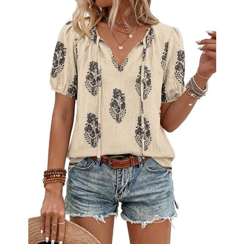 LOMON Boho Tops for Women Summer Short Sleeve Tie-Front Peasant Blouse