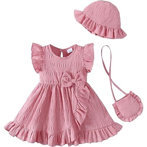 Vestido de verano para niña pequeña, con volantes, sin mangas, con lazo, vestido de playa y vacaciones con sombrero