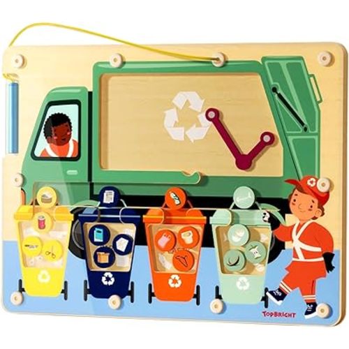 TOP BRIGHT Magnetic Color Maze Sorting Game Montessori Toys for 3+ Year Old, Wooden Garbage Recycling Game Toddler Travel Toys Fine Motor Skills for Boys Girls