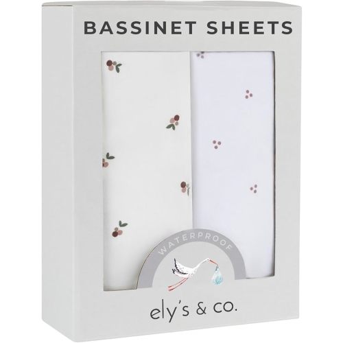 Ely's & Co. Patent Pending Waterproof Bassinet Sheets, 100% Cotton with Waterproof Lining, Built in Bassinet Mattress Protector – 2 Pack Fitted Sheet Set, Berry and Cluster Dot (Lavender) 32” x 16”