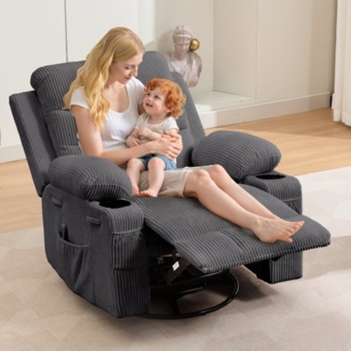 COZONY Oversized Nursery Recliner Chair, 360° Swivel Glider Rocker with Heat & Massage, Cup Holders & Storage, for Bedroom, RV, Living Room