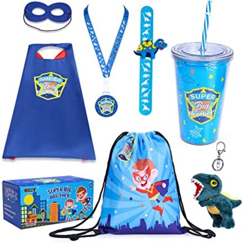 Golray Super Big Brother Gifts Set with Superhero Cape Eyemask Dinosaur Slap Bracelets Necklace, Drawstring Backpack, Plush Keychain, Insulated Plastic Tumbler Cup Big Brother Gift Little Toddler Boy