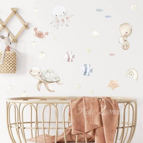 PREMIUM Wall Stickers, SEA FRIENDS, Nursery wall decal, Watercolor marine decal, Maritime wall decal, Sea wall sticker, Sea animals.