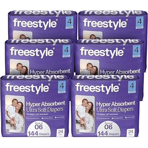 Freestyle BambooTek Diapers – (Size 4) Hyper Absorbent & Non-Toxic – Disposable Diapers for Sensitive Skin – Ultra Soft Diapers (22-37 lbs) – 144 Count