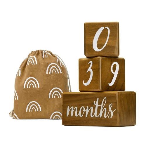 Natural Baby Milestone Blocks for Boy or Girl - Light Brown Pine Wood with Weeks Months Years Grade Age Block Set + Bag, Baby Shower Gift