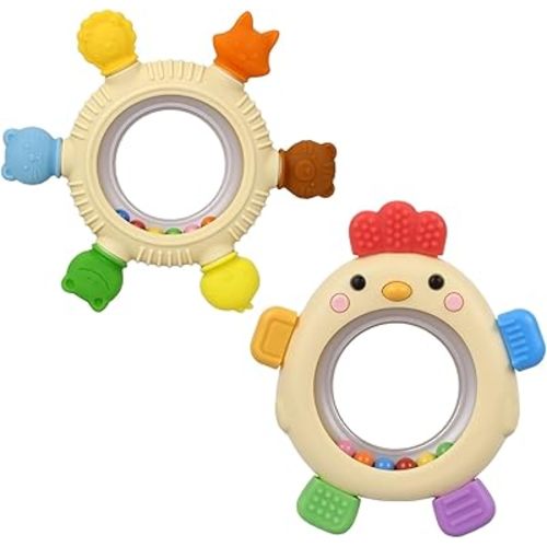 WALULAN Sensory Toys for Babies, 2 Pack Baby Teething Rings Toys for 0-3 3 6-12 Months Baby Rattle Teether Silicone Teether Relief Chew Soothing,BPA Free,Sore Gums Babys Teethers Toys