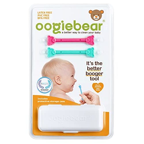 oogiebear - Nose and Ear Gadget. Safe, Easy Nasal Booger and Ear Cleaner for Newborns and Infants. Dual Earwax and Snot Remover - 2 Pack with case - Raspberry and Seafoam