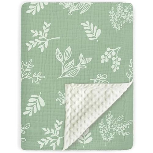 BOPRIO Baby Blankets for Unisex Boys Girls Super Soft Nursery Minky Blankets with Breathable Muslin Cotton Front and 3D Touch Dotted Fleece Backing, Leaf Printed Bed Throws Newborn 30 x 40 Inch