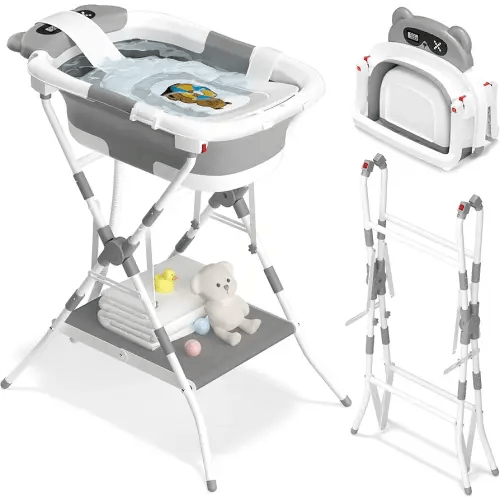 AVIDOR 2-in-1 Baby Bathtub with Stand for Newborn and Infants, Foldable Baby Bath Tub, Baby Shower Gifts for New Parents, Gray