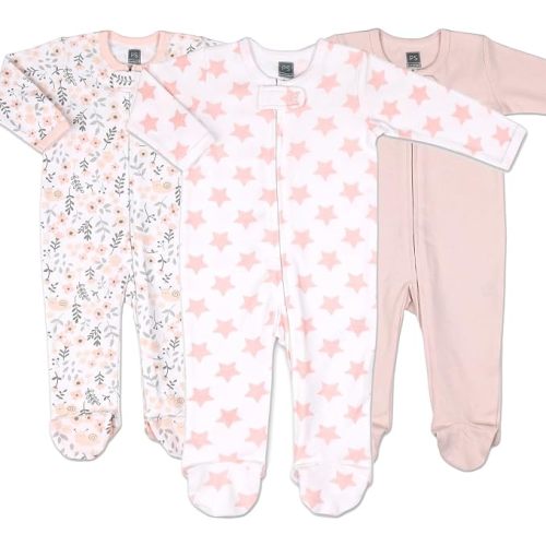 The Peanutshell Baby Sleeper Set for Baby Girls | 3 Pack in Pink Floral, Blush, & Stars | Newborn to 9M Footed Girl Pajamas