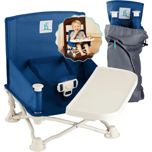 Hiccapop OmniBoost Travel Booster Seat with Tray for Baby | Folding Portable Baby Booster Seat for Dining Table, Camping, Beach, Grandma’s | Tip-Free Design Straps to Kitchen Chairs - Booster Chair