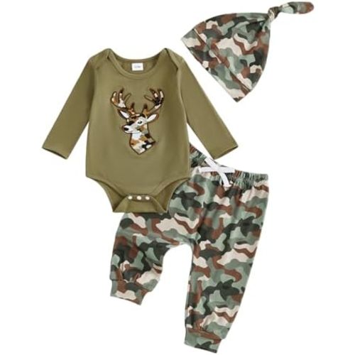 Newborn Baby Boy Hunting Outfit Deer Mallard Duck Romper Jungle Camo Pants Set Hat 3 Piece Fall Winter Clothes