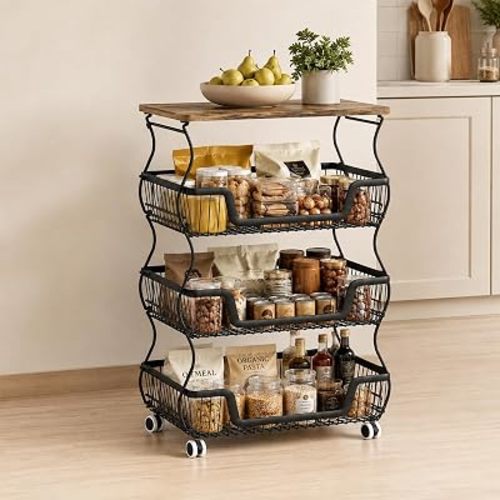 Fruit and Vegetable Storage, 4 Tier Fruit Basket with Wooden Top Table Kitchen Pantry Storage Bins and Organizers, Stackable Metal Rolling Cart for Vegetable Snacks Drinks Onion Potato Organization