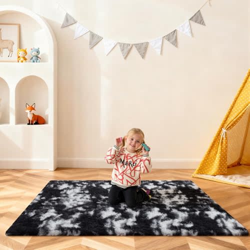 Black and White Rugs for Bedroom, 4x6 Fluffy Area Rug for Living Room | Fuzzy Shag Soft Non-Slip Small Carpet for Kids Girls and Boys Nursery Dorm Indoor Room Home Decor (4ft X 6ft)