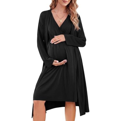 Cutecrop Maternity Nursing Gown and Robe Set Labor Delivery Hospital 2 Piece Postpartum Nightgowns Breastfeeding Lounge Set