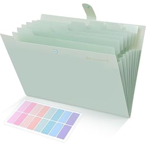 SKYDUE Expanding File Folder, Accordion File Organizer with 8 Pocket, Expandable Document Paper Receipt Holder for School Office Hospital, Letter/A4 Size Light Green