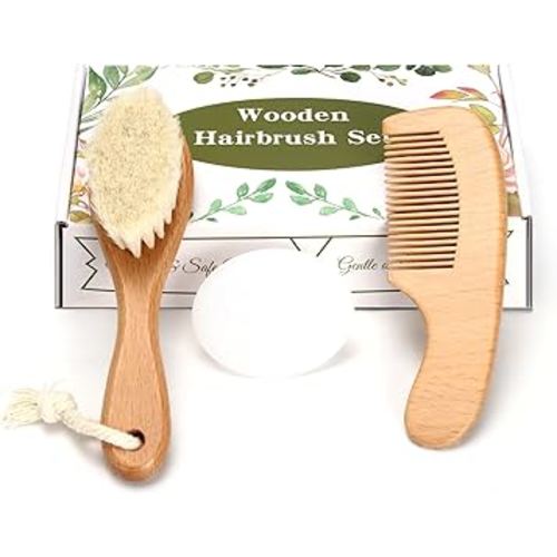Kit de cuidado del cabello del bebé, cepillo de cerdas de cabra naturales de madera, peine de casquillo de cuna + juego de limpiador blanco para baby shower para recién nacidos, niños y niñas, kit de
