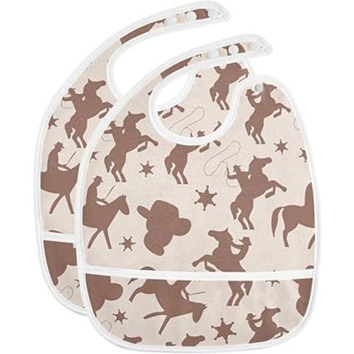 Caikeny Baby Feeding Bibs Wild West Cowboys Infant Drooling Bibs Brown Food Bibs with Pocket for Toddler Girls Boys Set of 2