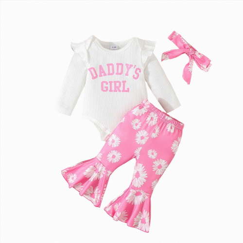 NOLDARES Newborn Clothes for Girls Baby Print Romper Tops Bow Pants Infant Girl Fall Winter Outfits 3Pc Cute Headband Set(White,6-12 M)