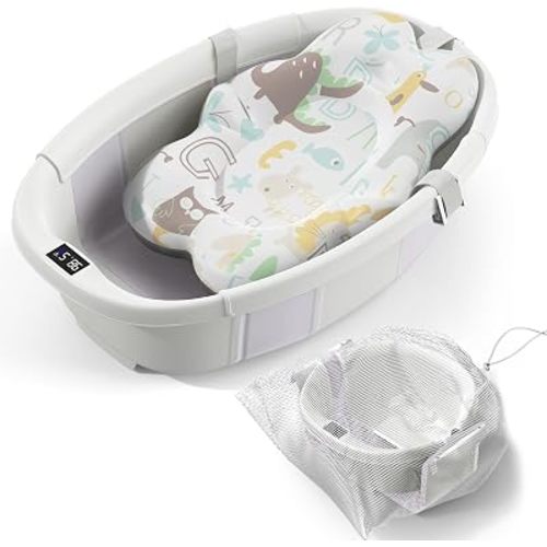 Collapsible Baby Bathtub - Large Baby Bath Tub with Thermometer & Cushion | Travel Portable Newborn Infant Bathtub | Foldable Toddler Bathtub for Baby 0 to 36 Months (Light Purple)