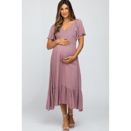 Pinkblush Mauve Smocked V-Neck Maternity Midi Dress Large