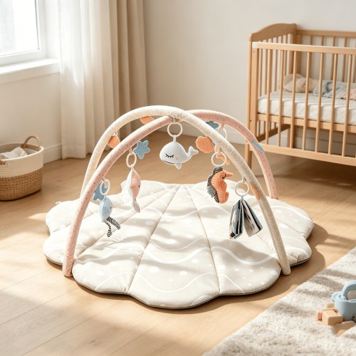 suihuooo Baby Play Gym Mat with 6 Detachable Toys for Infant 0-18 Months,Beige