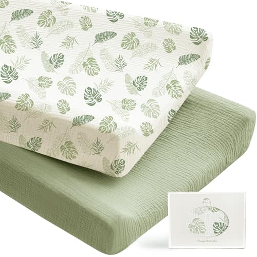 Konssy 2 Pack Muslin Changing Pad Covers for Boys, Ultra Soft & Breathable Cotton Baby Diaper Changing Table Covers, Neutral Nursery Diaper Changing Pad Sheets (Palm Paradise, Sage)