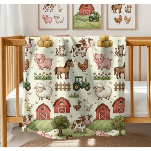 Farm Animal Baby Blanket, Watercolor Barnyard Nursery Throw, Gender Neutral Crib Blanket, Baby Shower Gift, Cute Farm Nursery Decor