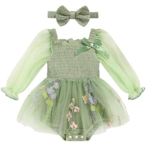 TITKKOP Mameluco de tul fruncido para bebé niña, traje de encaje con manga de burbujas con diadema