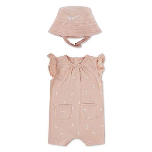 Newborn Baby Girls Nike Swooshfetti Ruffle Sleeve Romper & Bucket Hat 2-Piece Set