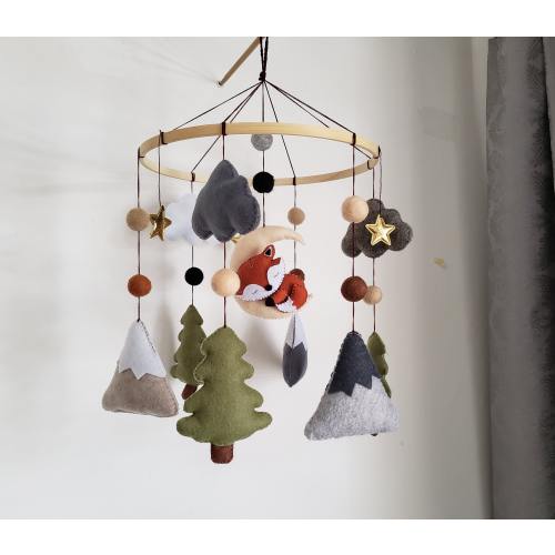 Woodland Crib Mobile: Sleeping Fox, Moon, Stars, Felt Nursery Decor