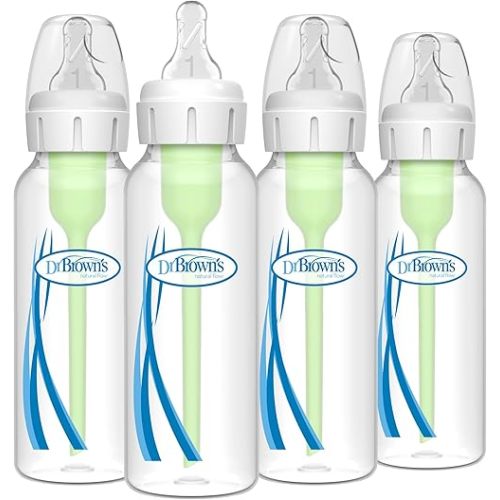 Dr. Brown's Natural Flow Anti-Colic Options+ Narrow Baby Bottle, 8 oz/250 mL, with Level 1 Slow Flow Nipples, 0m+, 4 Pack
