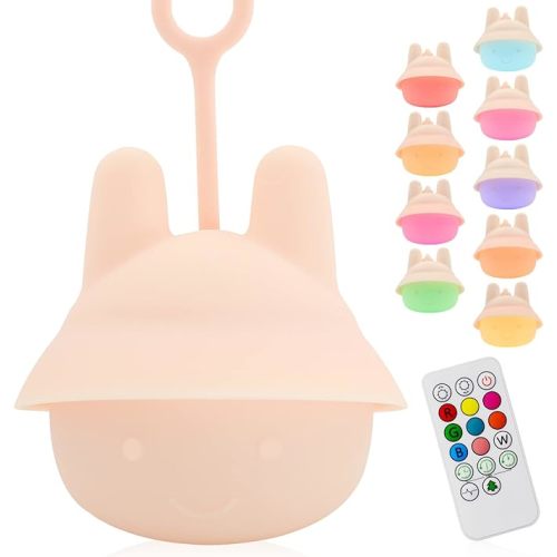 Night Light for Baby Car Seat - Dimming Function 9 Colors Changing Eye Caring soft light Rechargeable & Timing Bedside Lamp Light Up Toddler Bed Room Travel Essentials Squishy Silicone Infant BPA Free