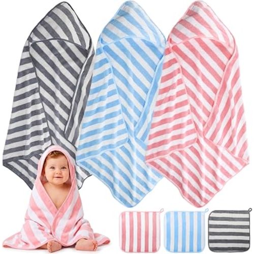 6 Pcs Baby Hooded Bath Towels with Washcloths, Coral Fleece
