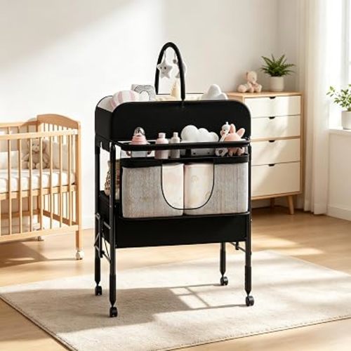 Folding Baby Changing Table with Wheels, 2 Drawers, Adjustable Height,Black