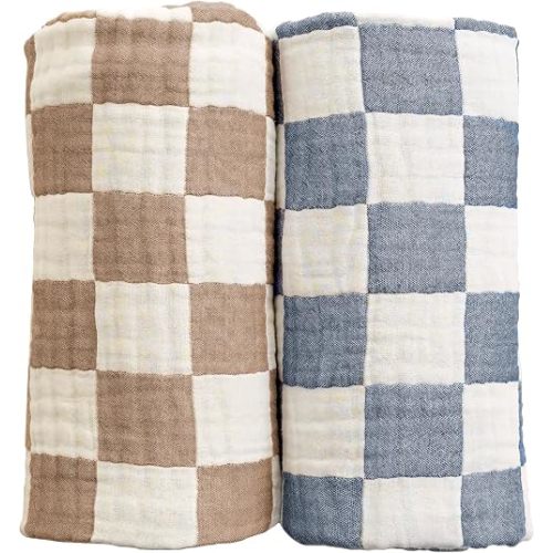 Ultra Soft Checkered Muslin Baby Blanket 2 Pack Cotton Swaddle Blanket 43"