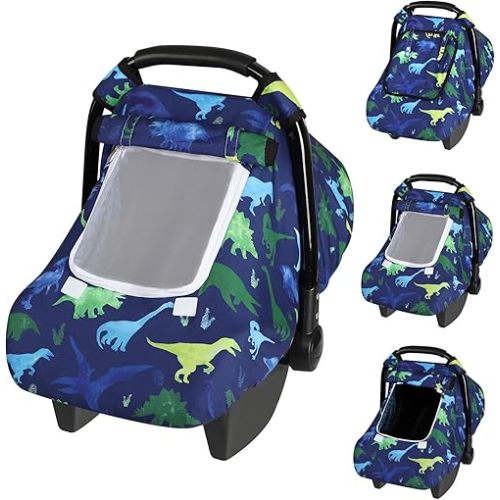 Windproof Baby Car Seat Cover, 3D Mink Dot Infant Car Seat Canopy with Breathable Mesh Window, Baby Carrier Cover for All Seasons, Easy Access Carseat Carrie Snug Fit Stroller, (Dinosaur)