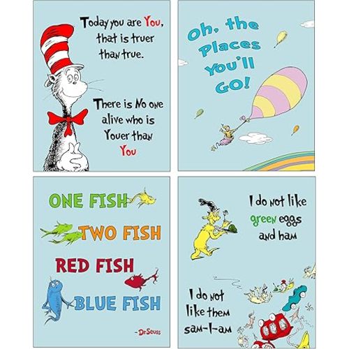 Dr Seuss Kids Photo Prints WallArt - Adorable Wall Decor for Bedrooms Nursery Play Room - Blue Pastel Background (Also Available in Pink Green or Yellow Background)