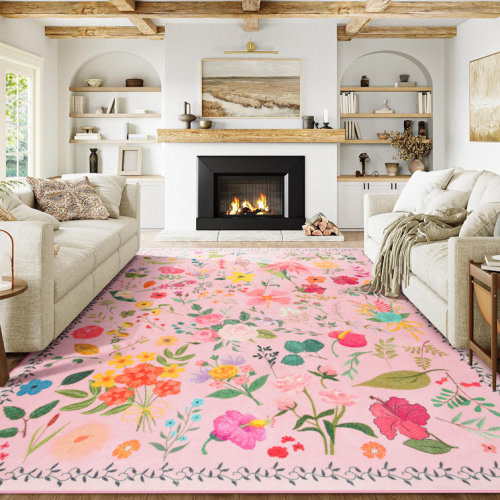 Groner Large Flower Living Room Rug Washable Bedroom Rug Non-Slip Colorful Vintage Accent Floor Carpet For Home Decor