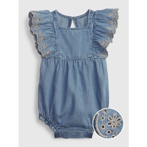 Baby Eyelet Bubble Denim Shorty One-Piece with Washwell in medium wash, size: 6-12 M